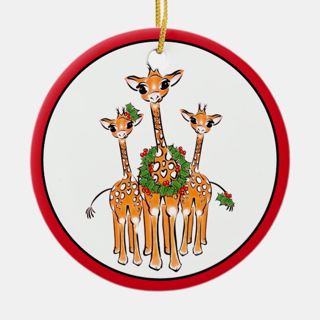 Festive Christmas Giraffe, red green wreath Ceramic Ornament (Front)