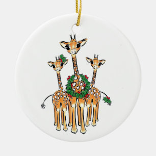 Festive Christmas Giraffe, red green wreath Ceramic Ornament