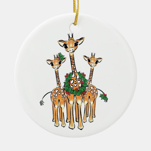 Festive Christmas Giraffe red green wreath Ceramic Ornament