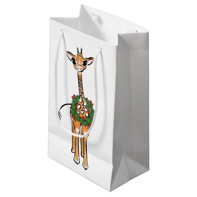 Festive Christmas Giraffe, red green wreath   Small Gift Bag (Front Angled)