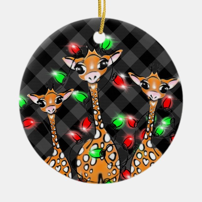 Festive Christmas giraffes gray black plaid lights Ceramic Ornament (Front)