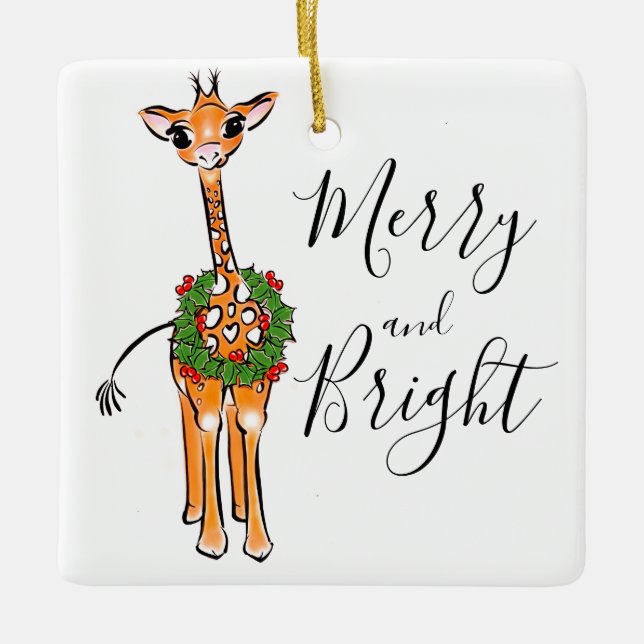 Festive Christmas Giraffes, red green Holly wreath Ceramic Ornament (Front)