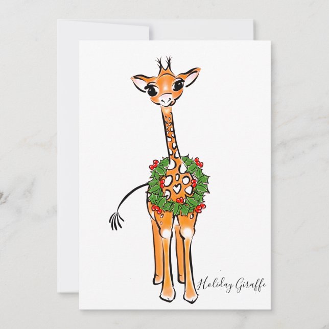 Festive Christmas Giraffes, red green Holly wreath Invitation (Front)