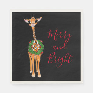 Festive Christmas Giraffes, red green Holly wreath Napkins