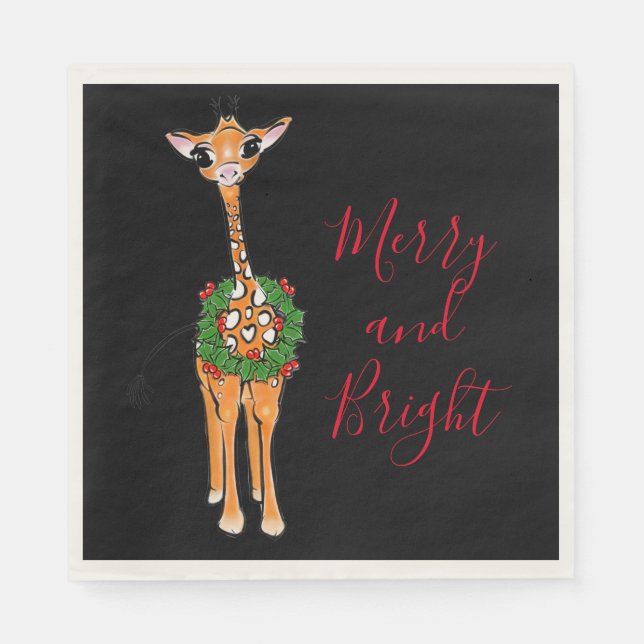 Festive Christmas Giraffes, red green Holly wreath Napkins (Front)