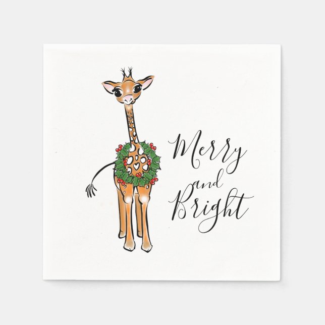Festive Christmas Giraffes, red green Holly wreath Napkins (Front)