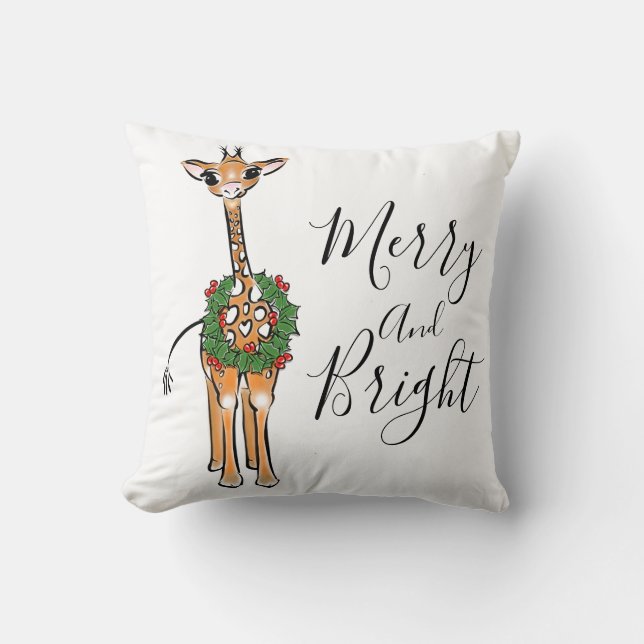 Festive Christmas Giraffes, red green Holly wreath Throw Pillow (Front)