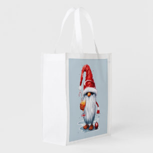 Festive Christmas Gnome Gonk Holding A Glass  Grocery Bag