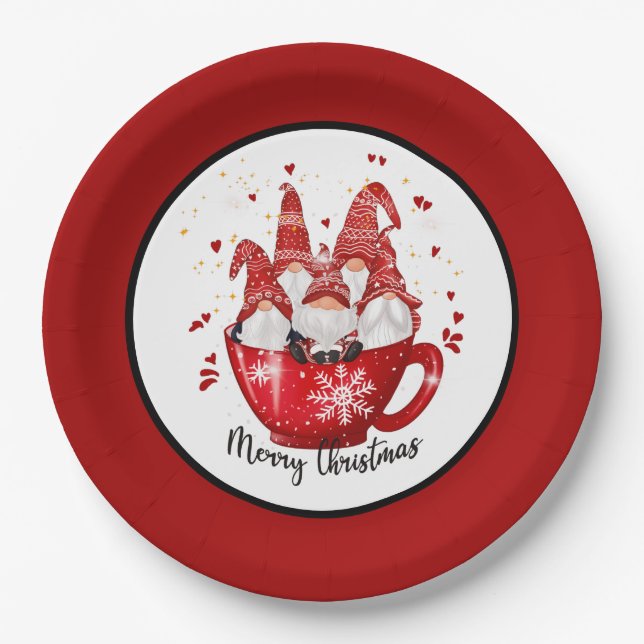 festive Christmas gnomes Holiday Paper Plates (Front)