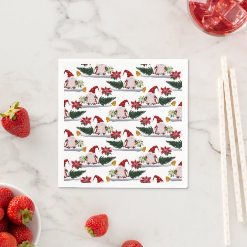 Festive Christmas Gnomes Poinsettia and Bells Napkins