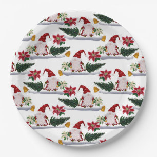 Festive Christmas Gnomes, Poinsettia and Bells Paper Plates