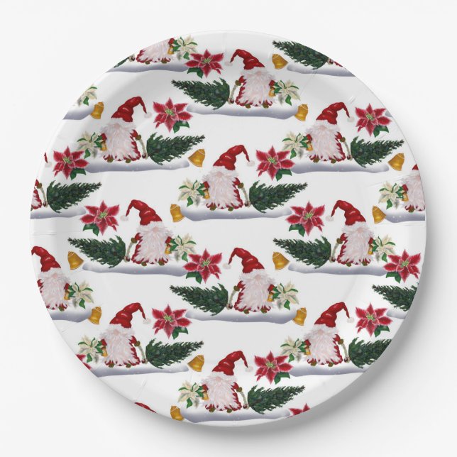 Festive Christmas Gnomes, Poinsettia and Bells Paper Plates (Front)