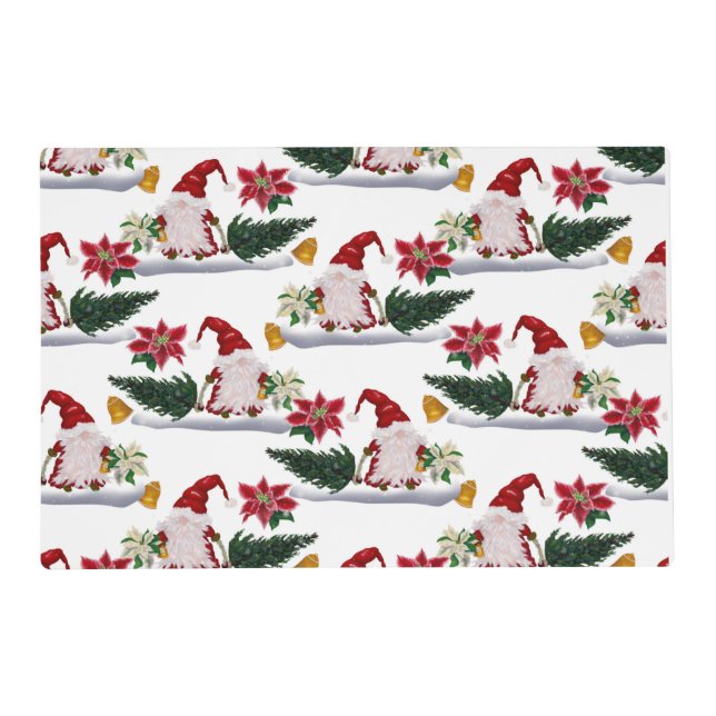 Festive Christmas Gnomes, Poinsettia and Bells Placemat (Front)