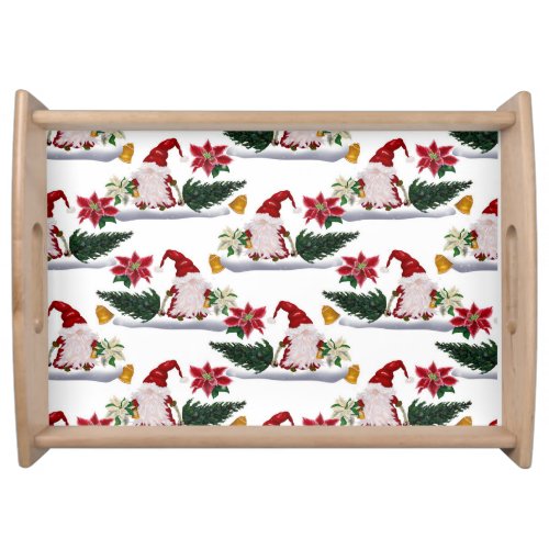 Festive Christmas Gnomes Poinsettia and Bells Serving Tray