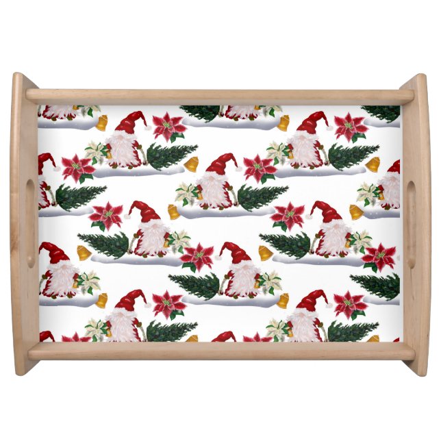 Festive Christmas Gnomes, Poinsettia and Bells Serving Tray (Front)
