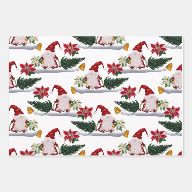 Festive Christmas Gnomes, Poinsettia and Bells Wrapping Paper Sheets (Front)