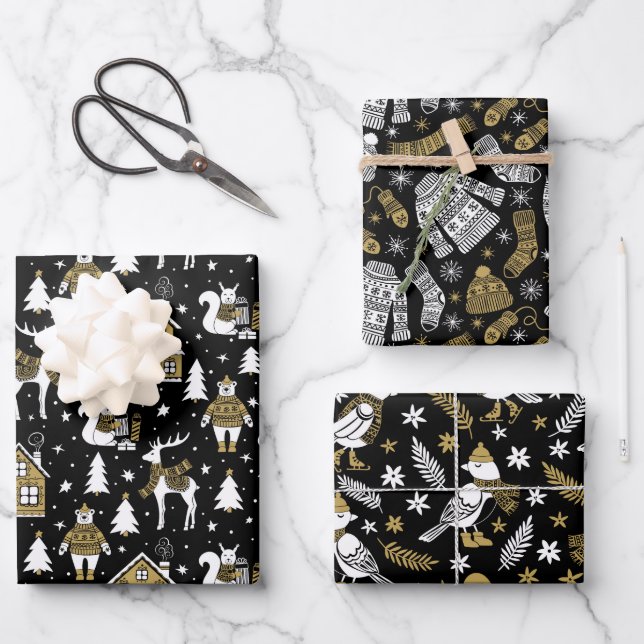 Festive Christmas gold black white Wrapping Paper Sheets (Front)