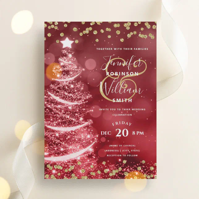 Festive Christmas Gold Red Wedding Sparkle Tree Invitation | Zazzle