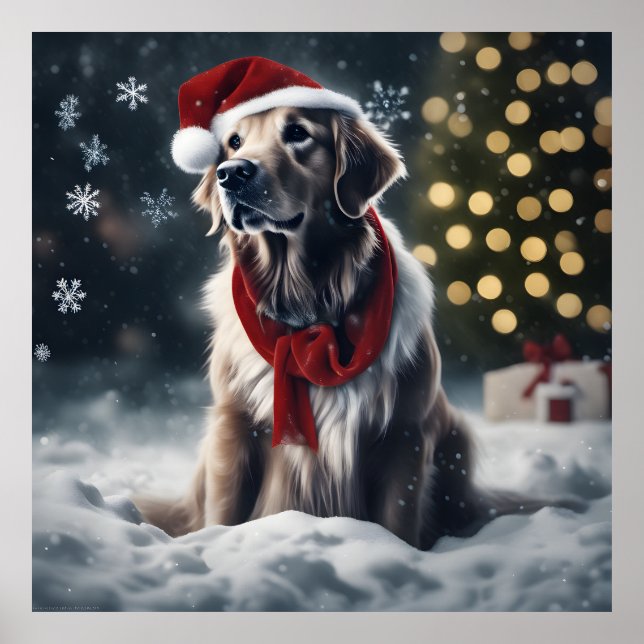 Festive Christmas Golden Retriever with Santa Hat  Poster (Front)