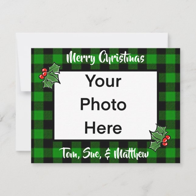 Festive Christmas green black plaid holly leaves Note Card (Front)