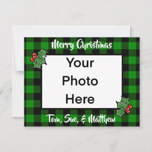 Festive Christmas green black plaid holly leaves Note Card