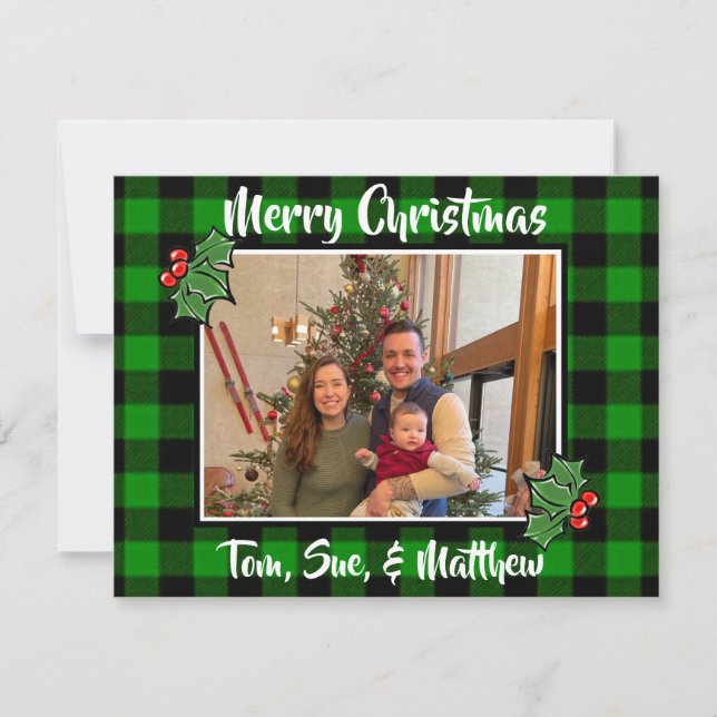 Festive Christmas green black plaid holly leaves Note Card (Front)