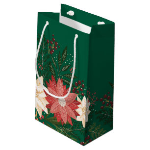 Festive Christmas green floral Poinsettia Holiday Small Gift Bag