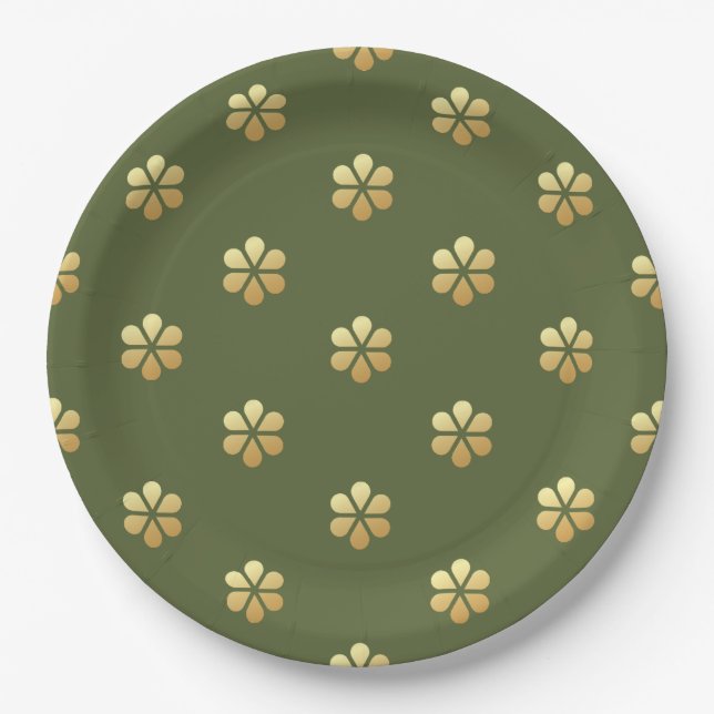 Festive Christmas Green & Gold Daisy  Paper Plates (Front)