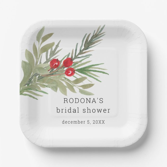 Festive Christmas Greenery Bridal Shower Paper Plates (Front)