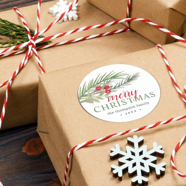 Festive Christmas Greenery Classic Round Sticker (Festive Christmas Greenery Classic Round Sticker)