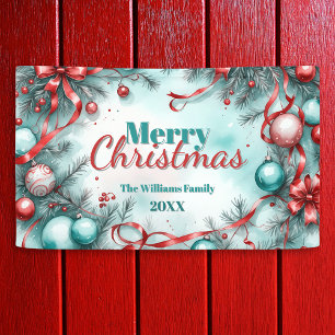 Festive Christmas Greenery Ornaments Red Ribbons Banner