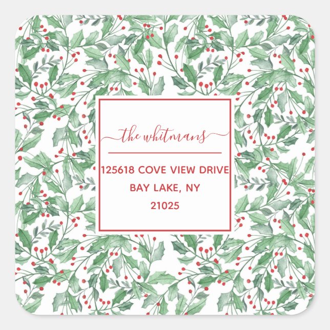 Festive Christmas Greenery Personalized Address Square Sticker (Front)