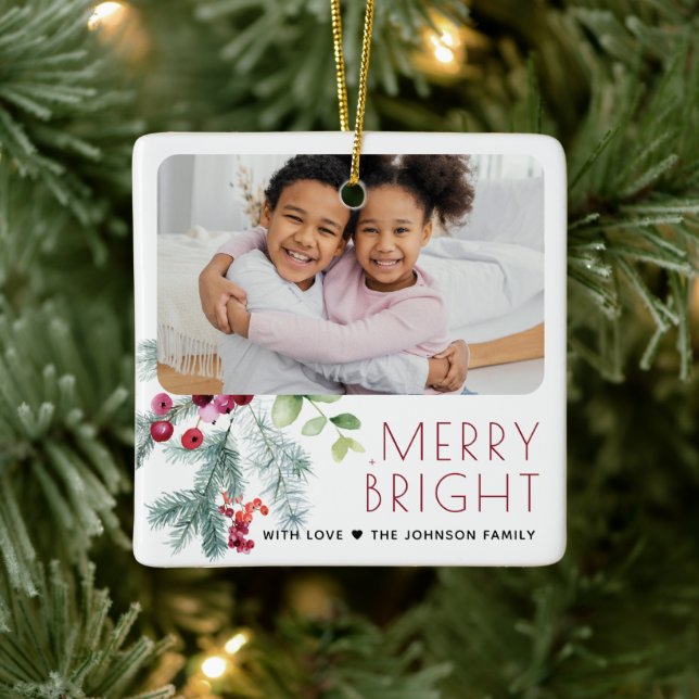 Festive Christmas Greenery Photo Ceramic Ornament (Tree)