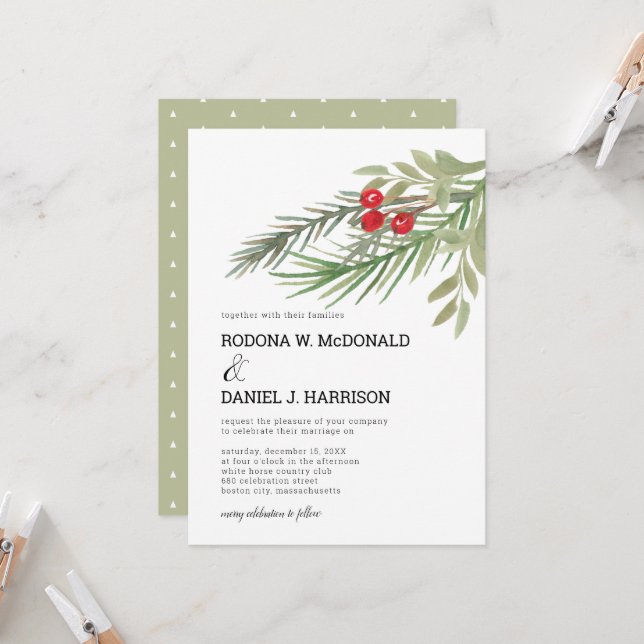 Festive Christmas Greenery Wedding Invitation (Front/Back In Situ)