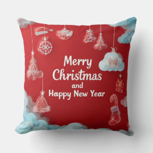 Festive Christmas Greeting Card with Decorations Throw Pillow
