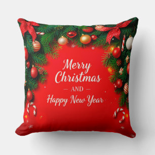 Festive Christmas Greeting Card with Decorations Throw Pillow