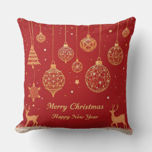 Festive Christmas Greeting Card with Decorations Throw Pillow