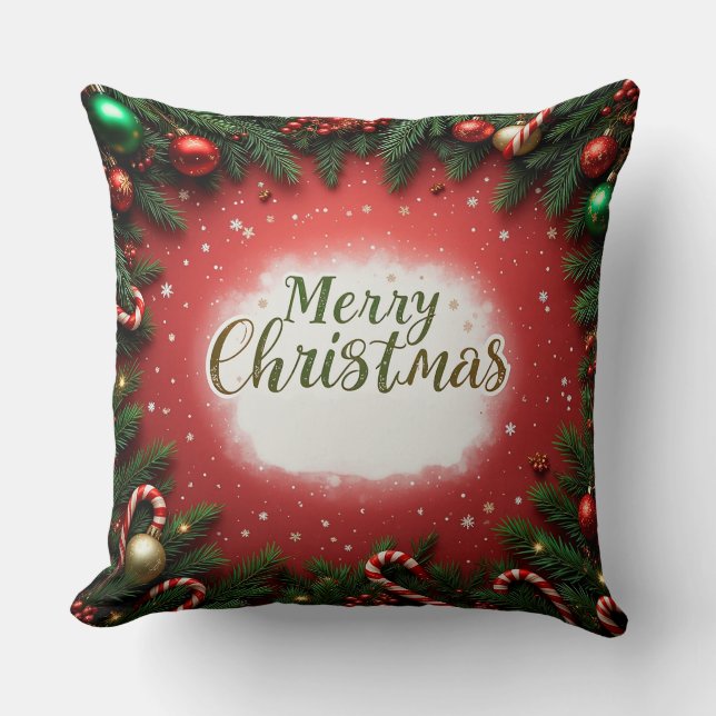 Festive Christmas Greeting Card with Decorations Throw Pillow (Front)