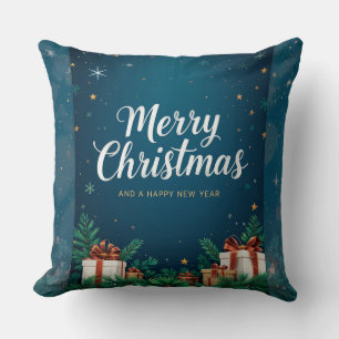 Festive Christmas Greeting Card with Decorations Throw Pillow