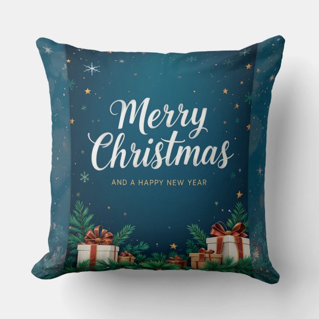 Festive Christmas Greeting Card with Decorations Throw Pillow (Front)