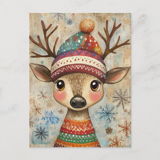 Festive Christmas Greeting with Deer Postcard (Front)