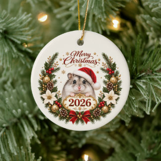 Festive Christmas Hamster in Santa Hat with 2026 Ceramic Ornament