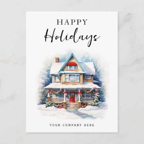 Festive Christmas Happy Holidays Watercolor House  Holiday Postcard