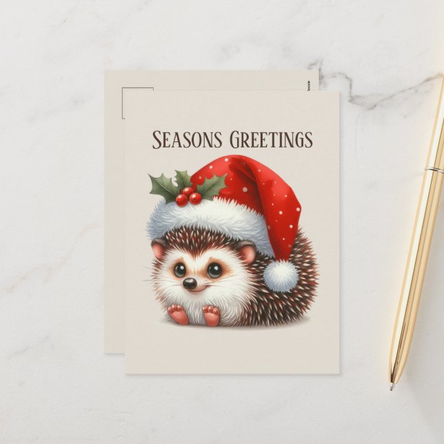 Festive Christmas hedgehog add message Holiday Postcard (Front/Back In Situ)