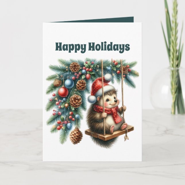 Festive Christmas hedgehog customizable Holiday Card (Front)