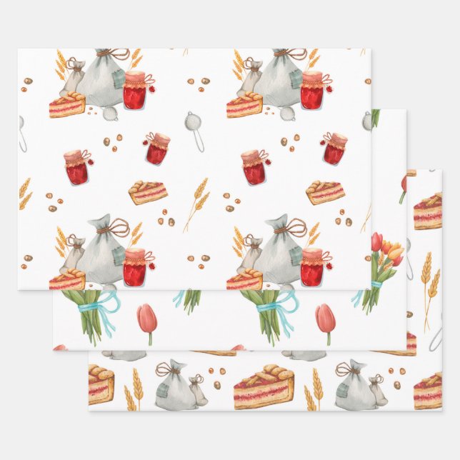 Festive Christmas Holiday Baking Treats and Drinks Wrapping Paper Sheets (Set)