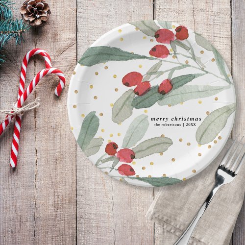 Festive Christmas Holiday Botanicals Gold Dots Paper Plates