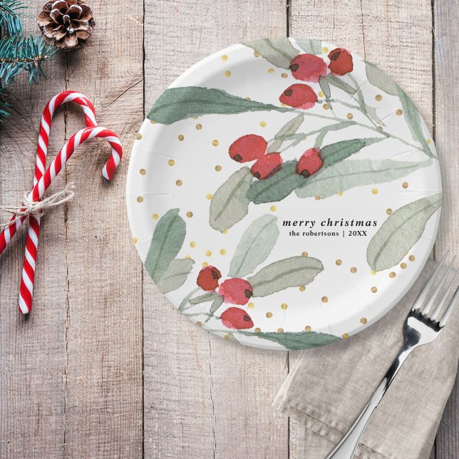 Festive Christmas Holiday Botanicals Gold Dots Paper Plates (Creator Uploaded)