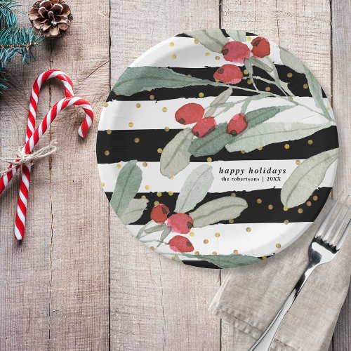 Festive Christmas Holiday Botanicals Stripes Gold Paper Plates