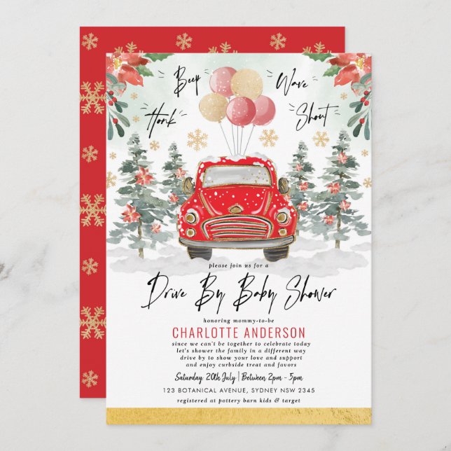 Festive Christmas Holiday Drive By Baby Shower Invitation (Front/Back)